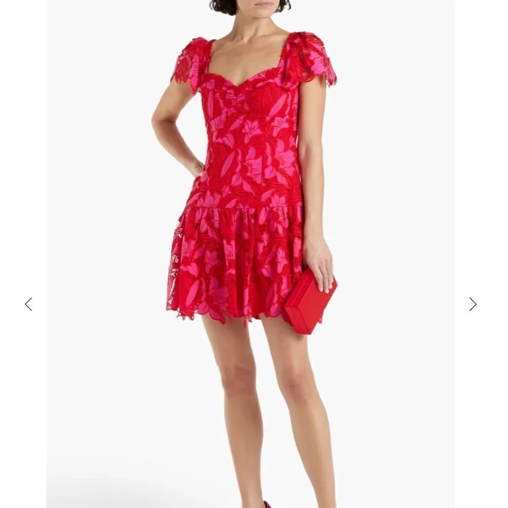 Monique Lhuillier Flutter Sleeve Guipure Lace Mini Dress Pink Size 6